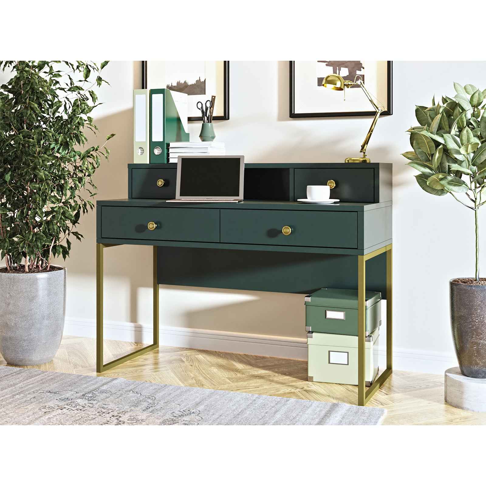 Designová toaletka/PC stůl Chimney, zelená/zlatá