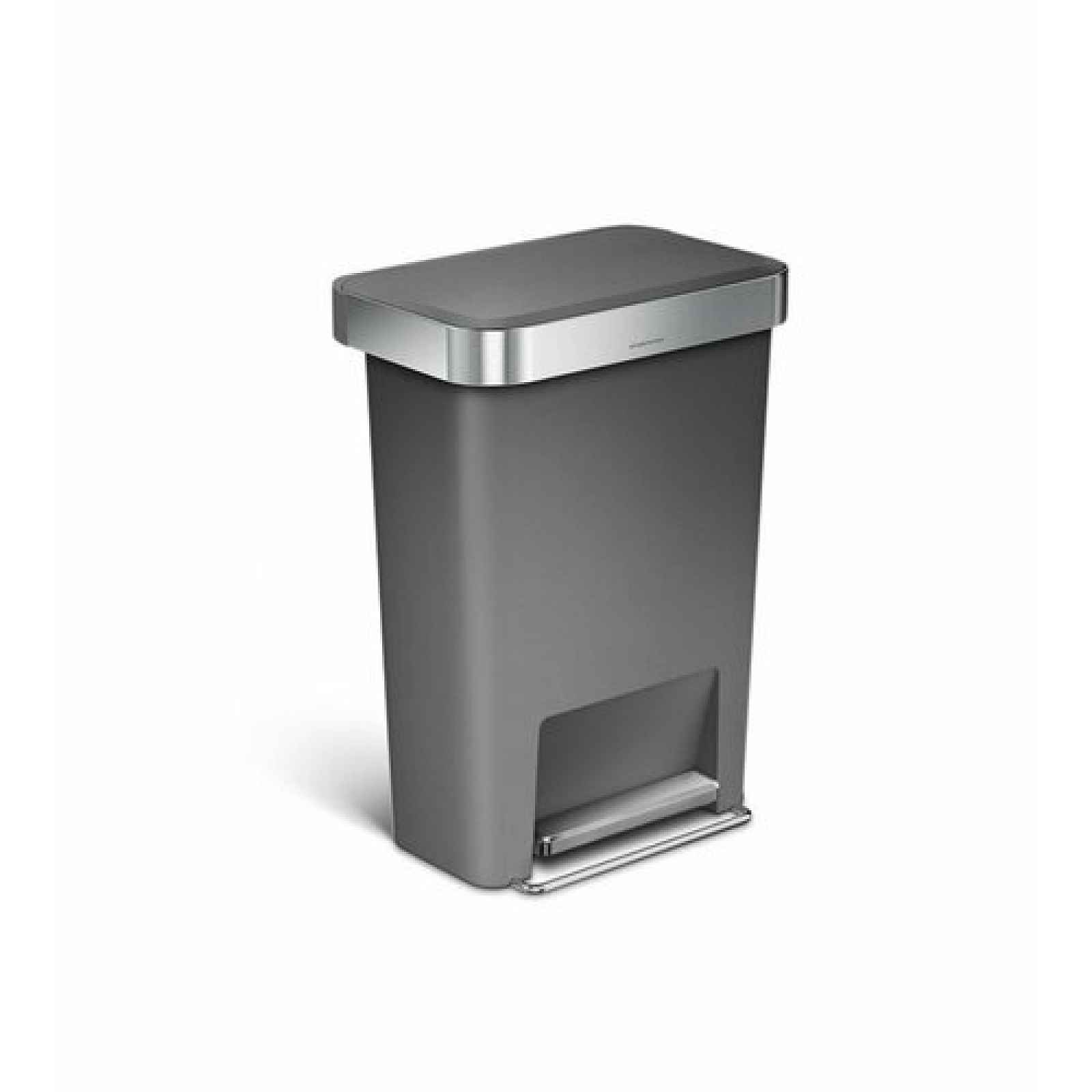Pedálový odpadkový koš Simplehuman – 45 l, kapsa na sáčky, obdélníkový, šedý plast / nerez