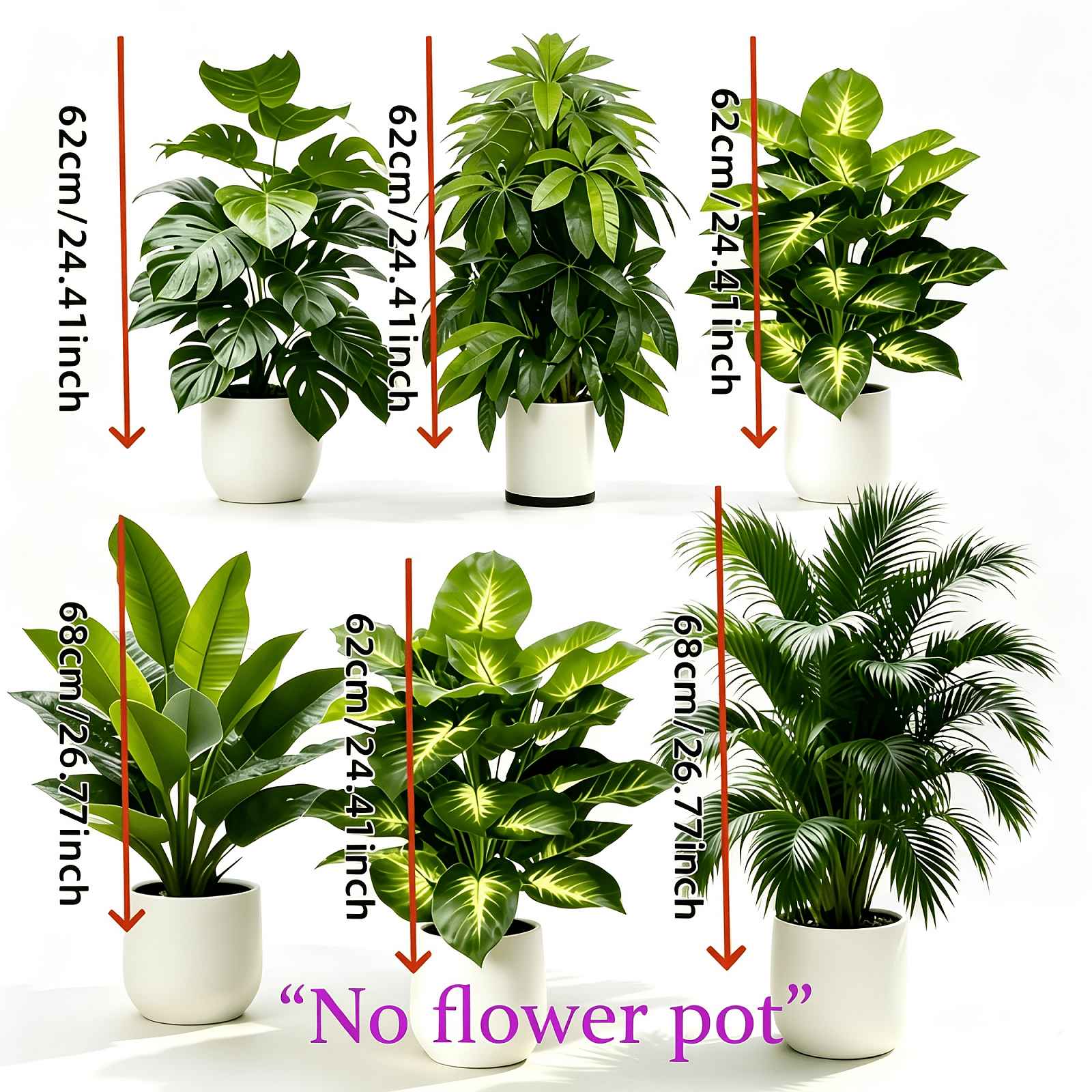 TEMU 6 umělých rostlin s různými listů - Monstera, Pothos, Penízovník, Florida a Palmy Rájského ptáka, bez květináčů. Údržbově nenáročné širokolisté