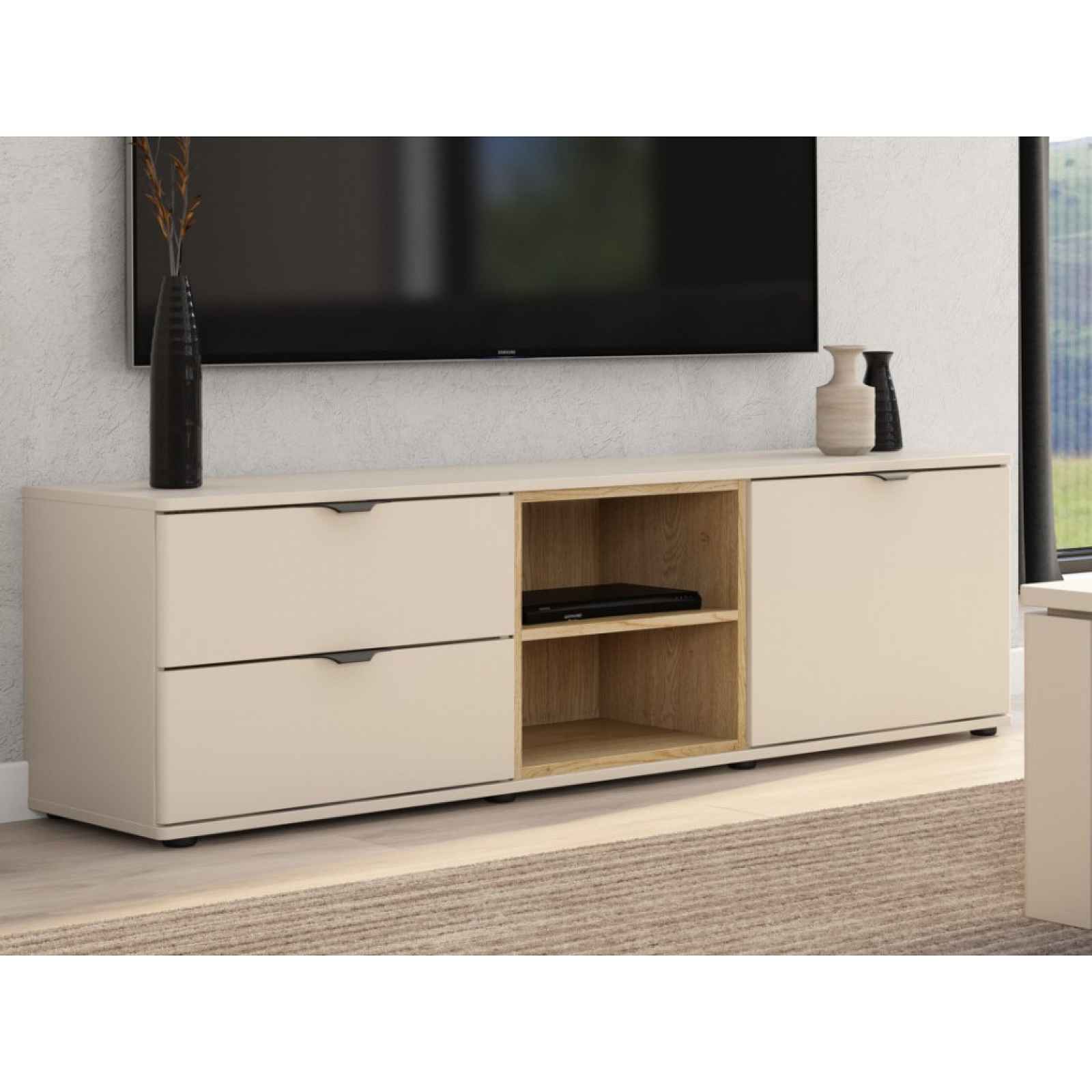 TV skříňka se zásuvkami Avola, 140 cm, béžová kašmír/dub cremona