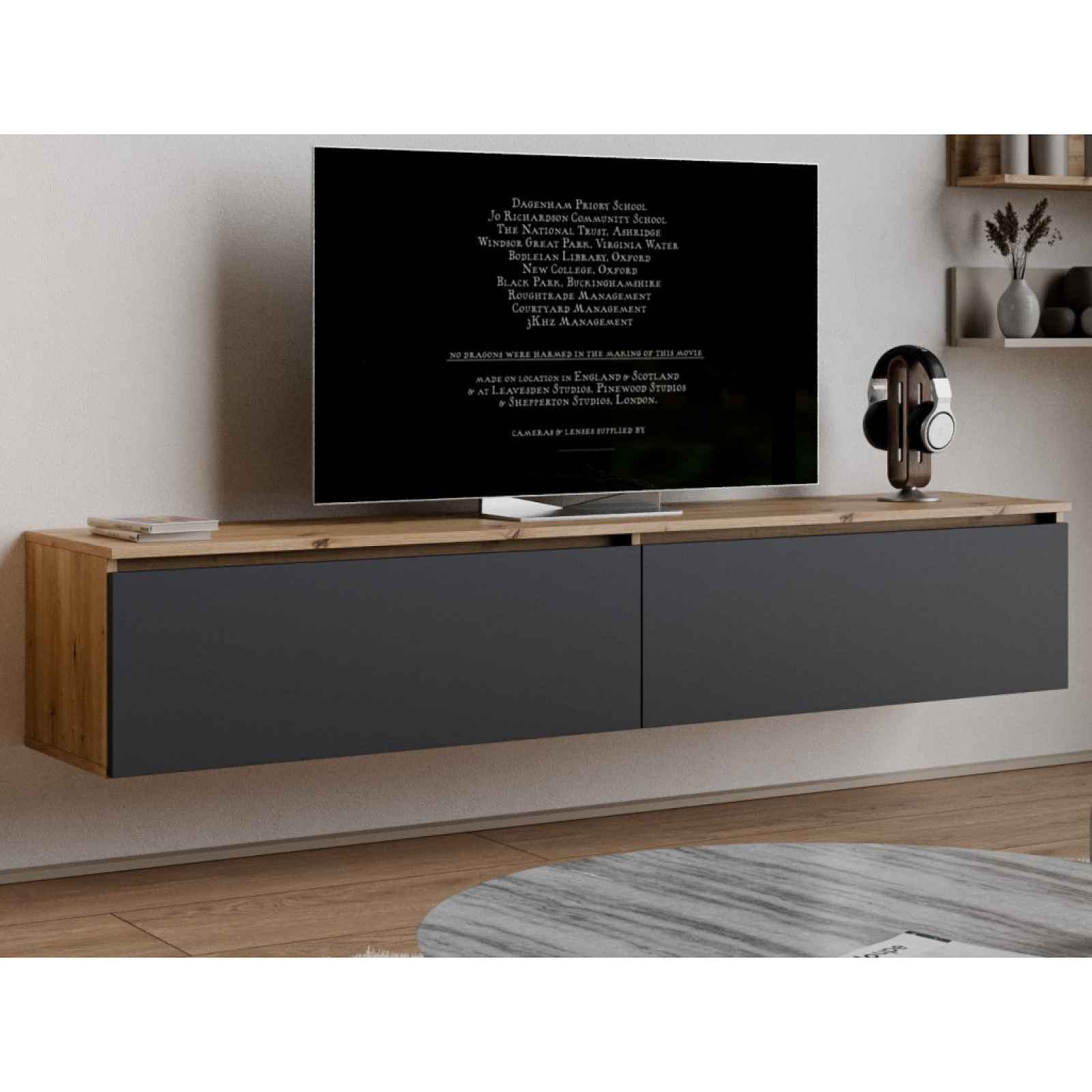 Závěsná TV skříňka Asko Living, 180 cm, dub artisan/antracit
