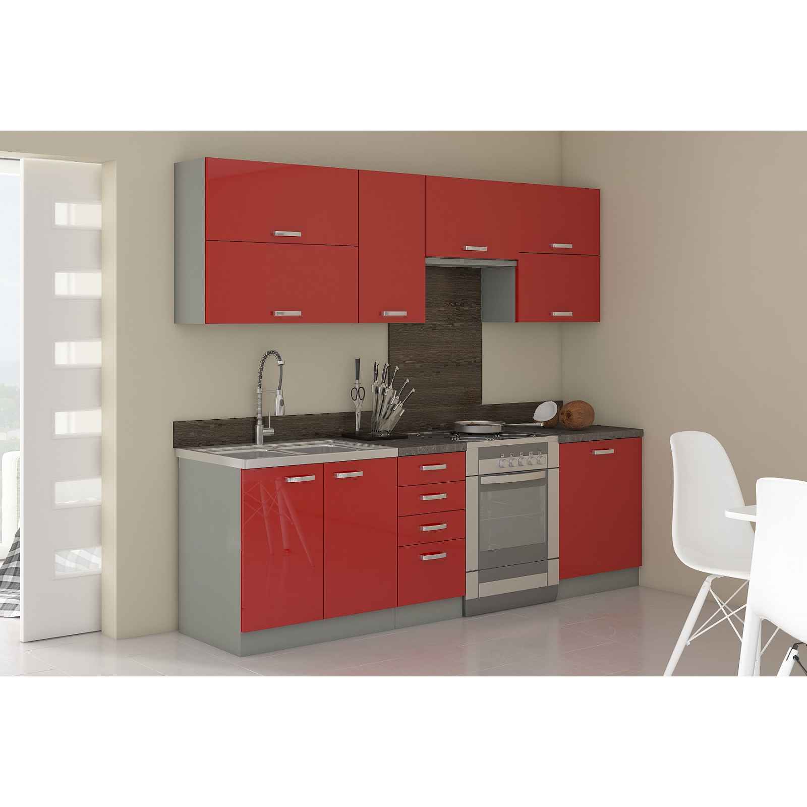 Luxusní kuchyně Rosso 180/240cm, červený lesk HELCEL