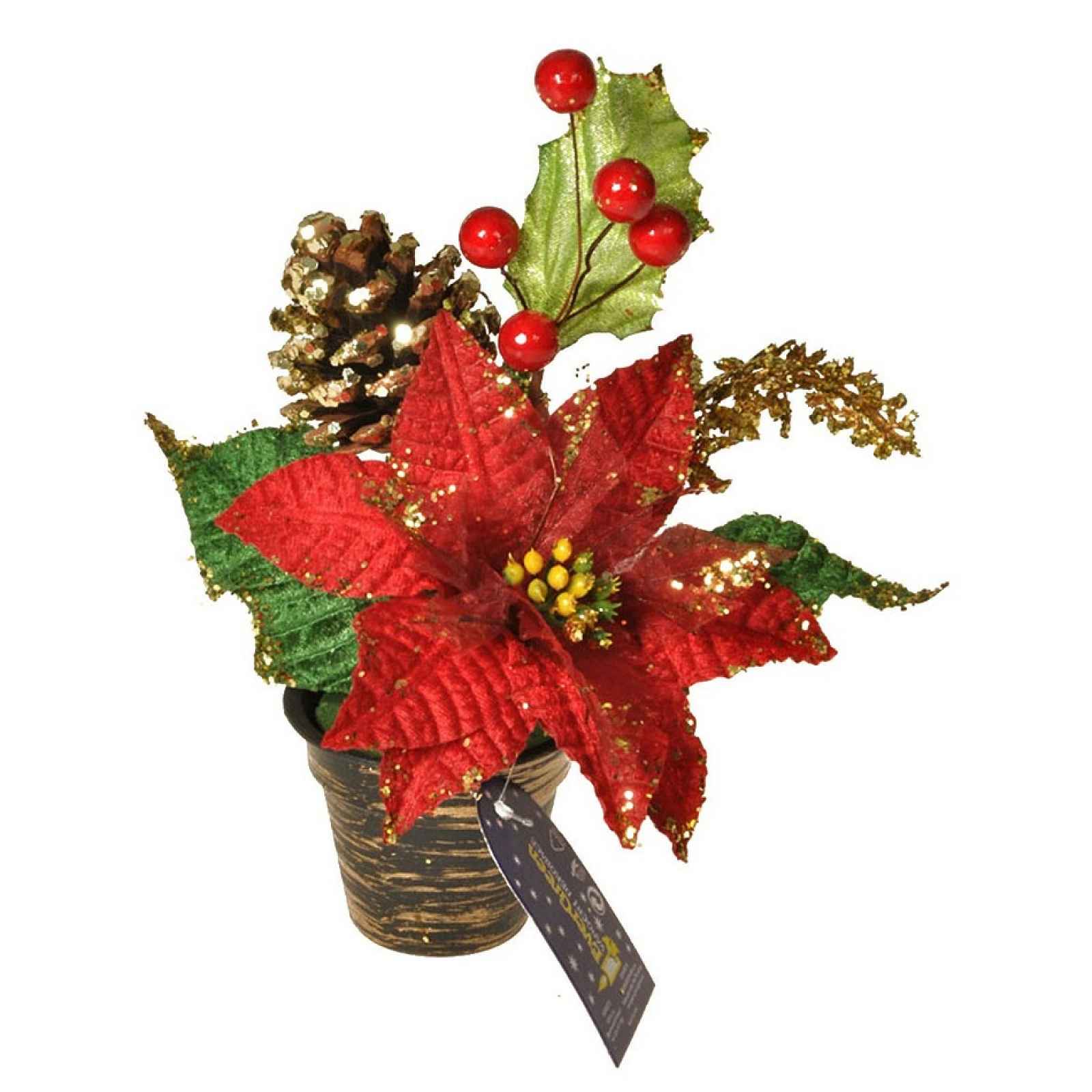 Vánoční aranžmá s růží, šiškou a bobulkami, 20 cm