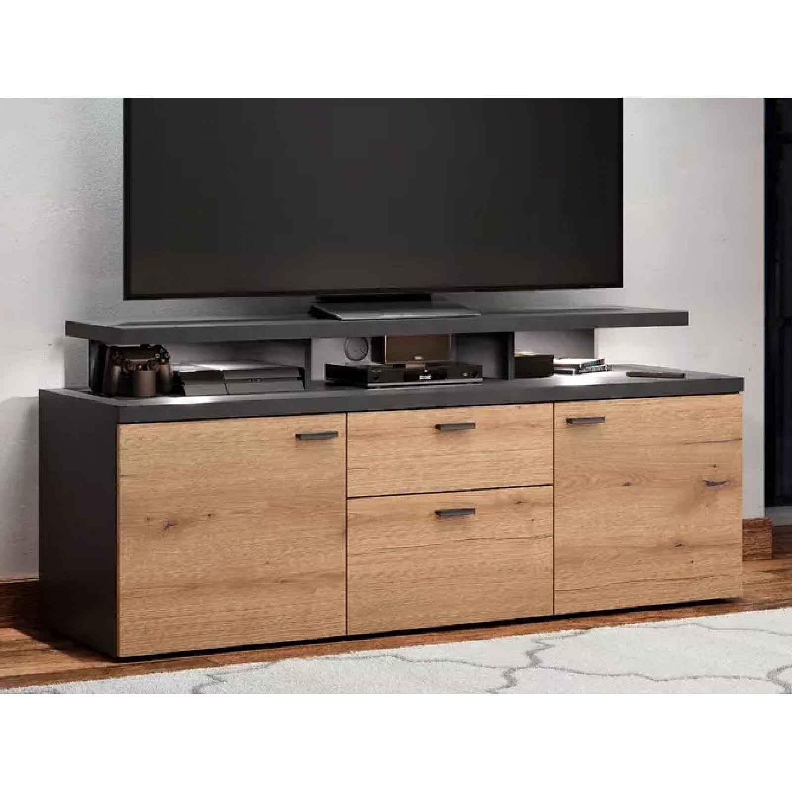 Široká TV skříňka Mood, 151 cm, dub evoke/optika kovu