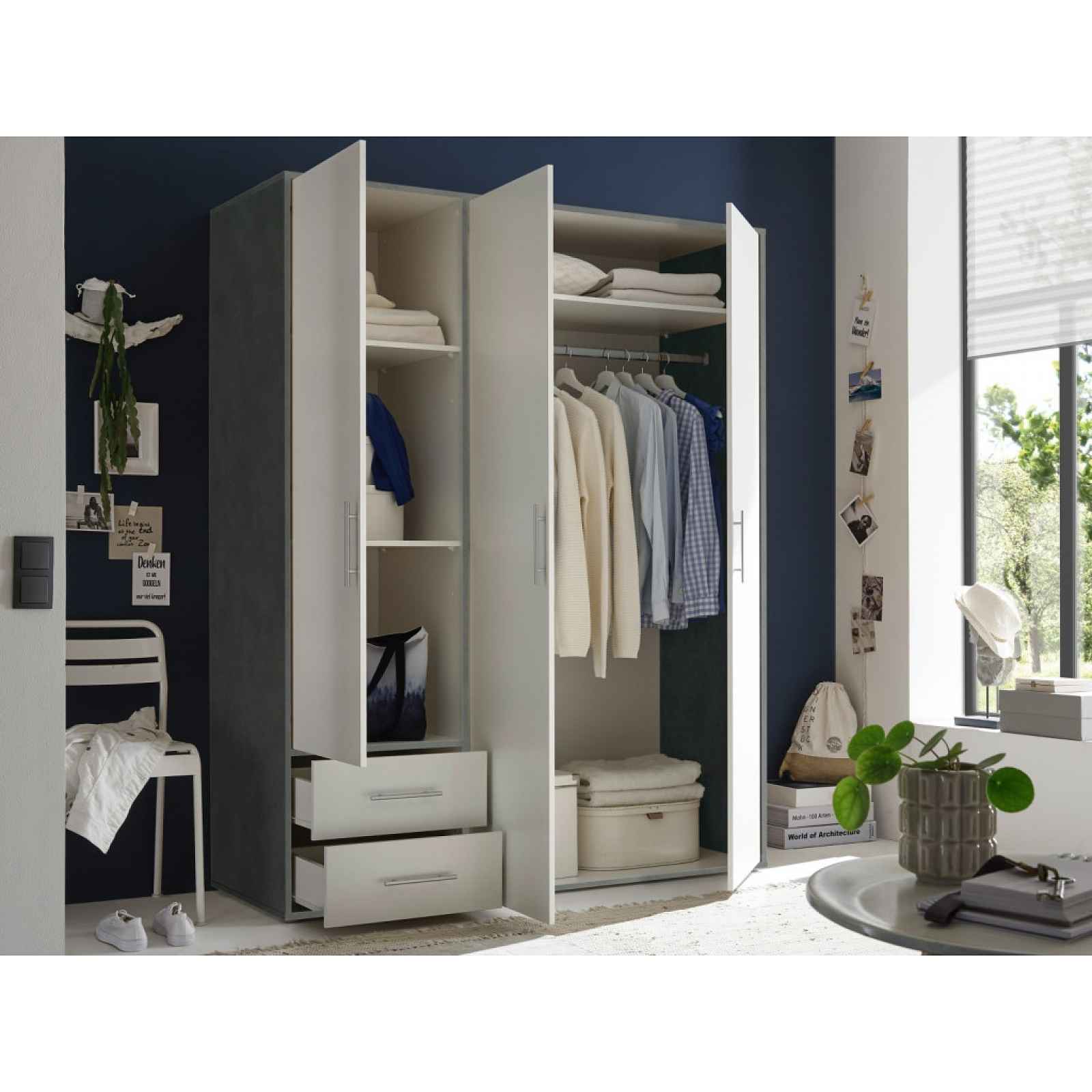 Šatní skříň Valencia,155 cm, optika šedého kovu/bílá