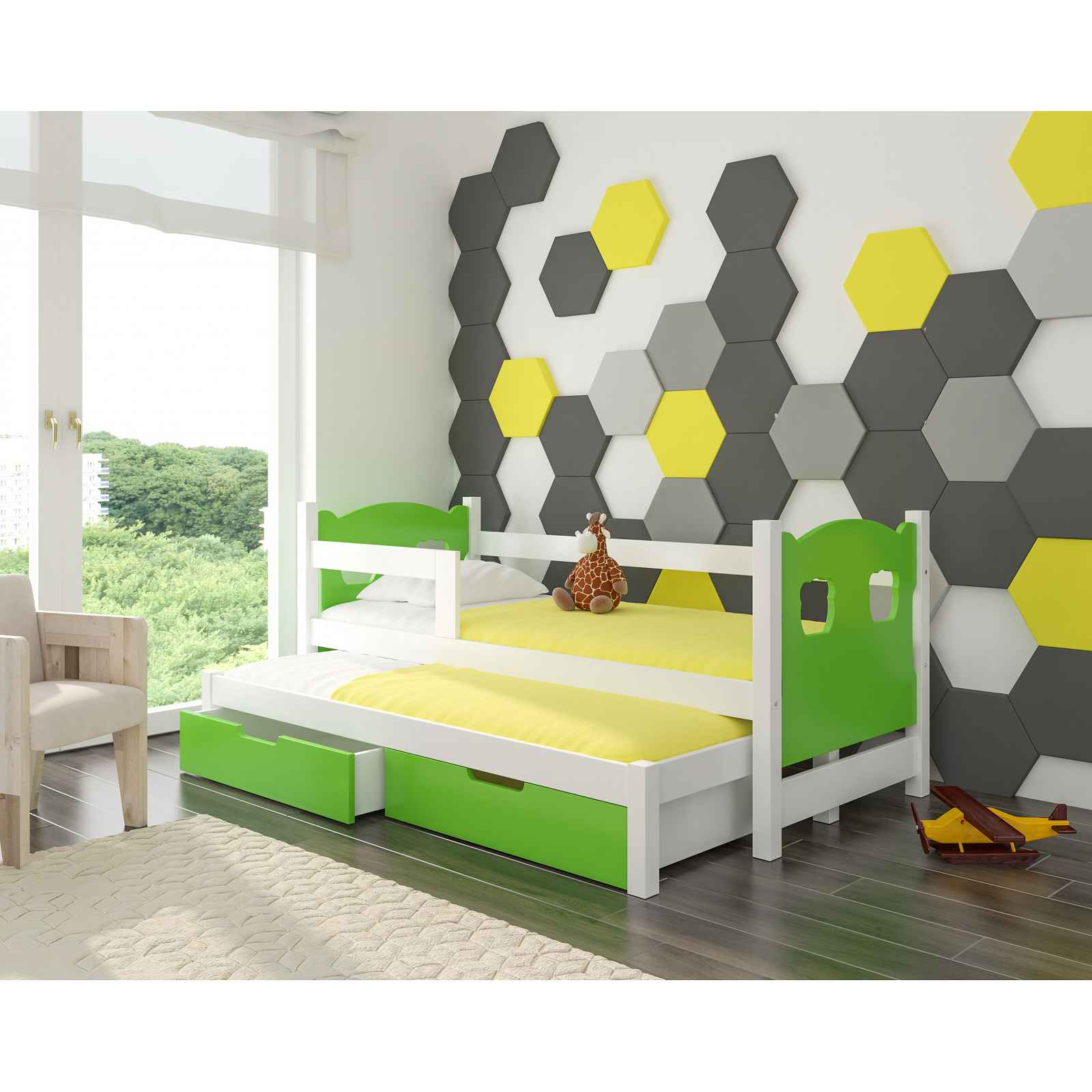 Dětská postel Cotto pro 2 děti, bílá/zelená + matrace ZDARMA! HELCEL
