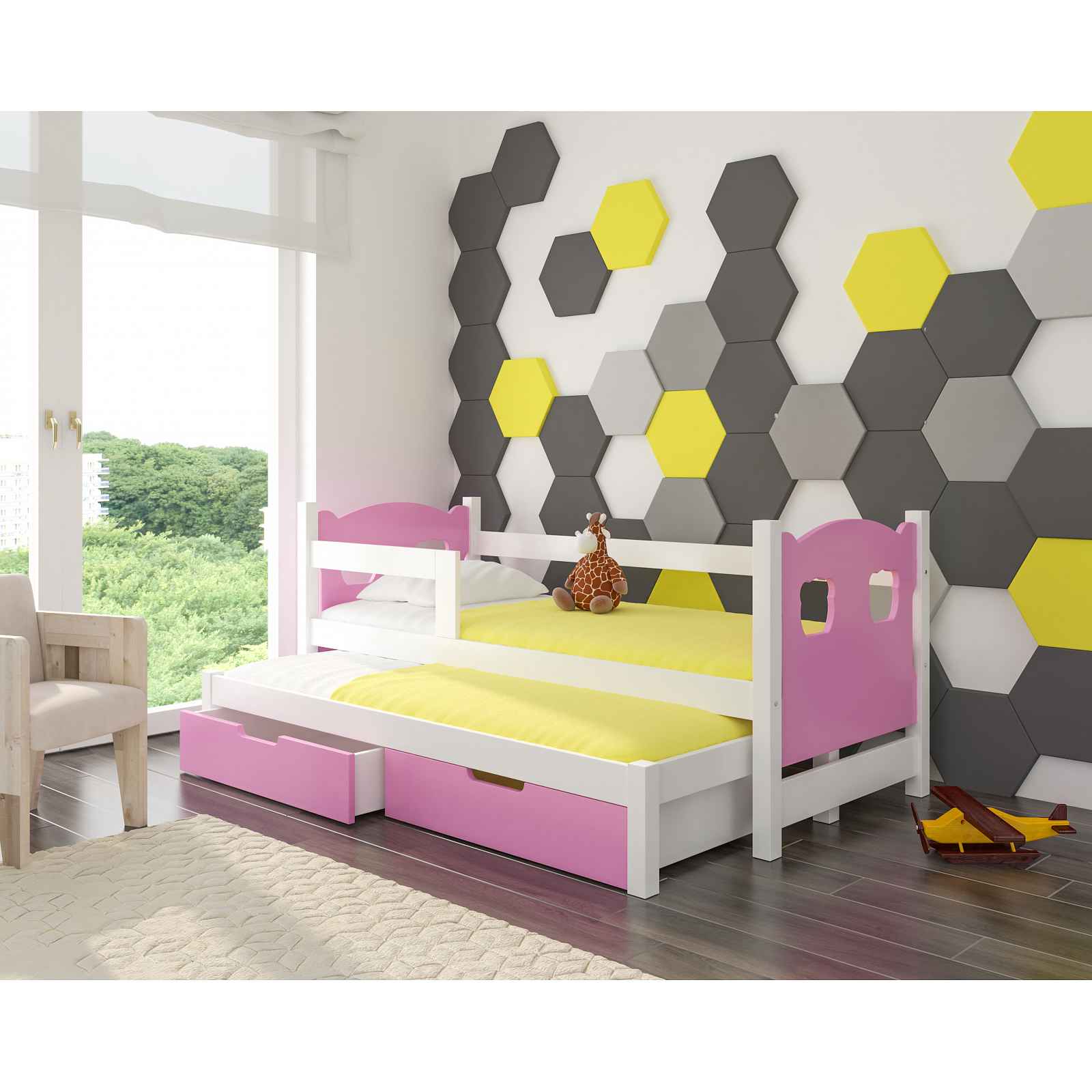Dětská postel Cotto pro 2 děti, bílá/růžová + matrace ZDARMA! HELCEL