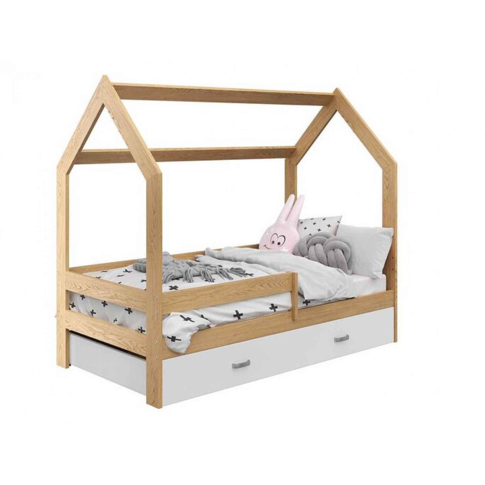 Dětská postel DOMEČEK D3 borovice 80 x 160 cm Rošt: Bez roštu, Matrace: Matrace EASYSOFT 8 cm, Úložný box: S bílým úložným boxem