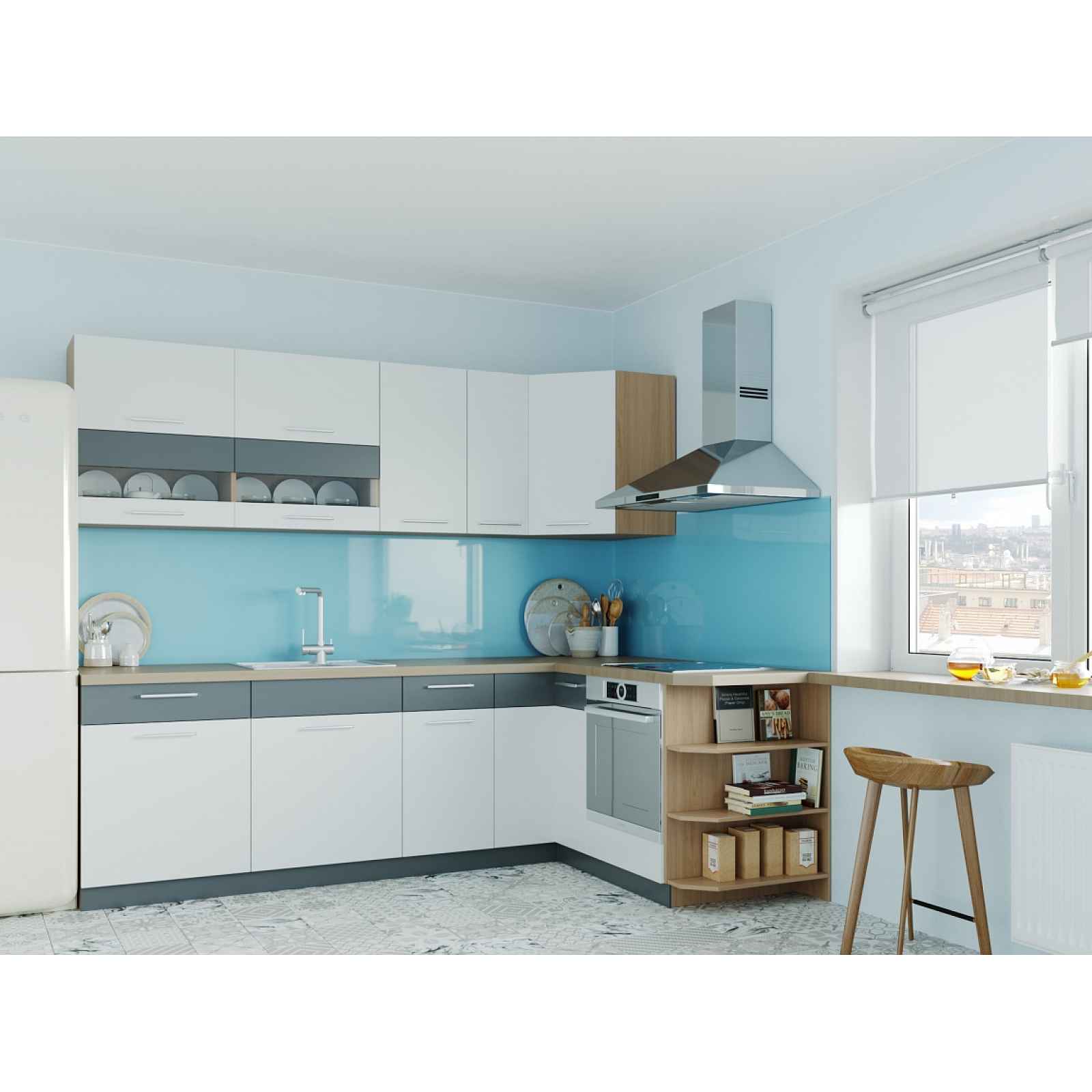Rohová kuchyně RUTHIN 250x170, bílý lesk/grafit mat