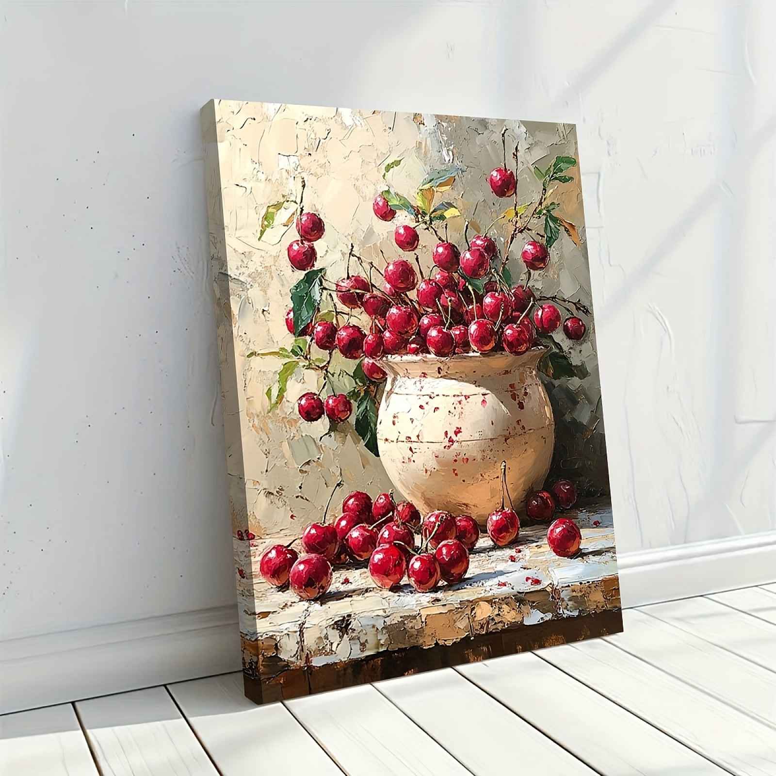 TEMU 1 ks Velká Rustikální Olejomalba Třešní v Rámu - 11,75x15,7 palců (29,97x39,88 cm), s Vintage Vázou, Dekorace do Venkovské Kuchyně, Realistické