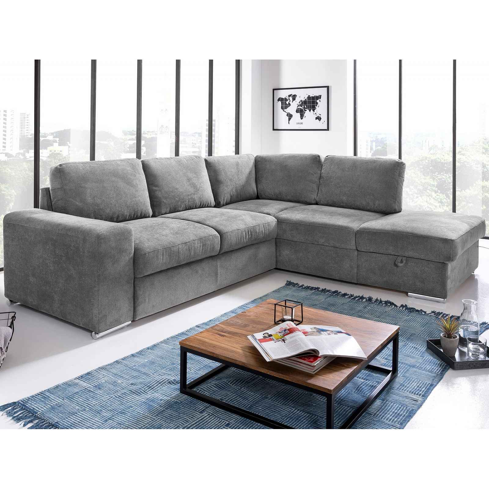 Rohová sedací souprava Eddi, středně šedá látka, pravý roh