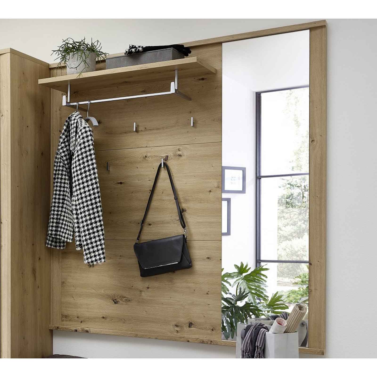Předsíňový šatní panel se zrcadlem Tira, dub artisan
