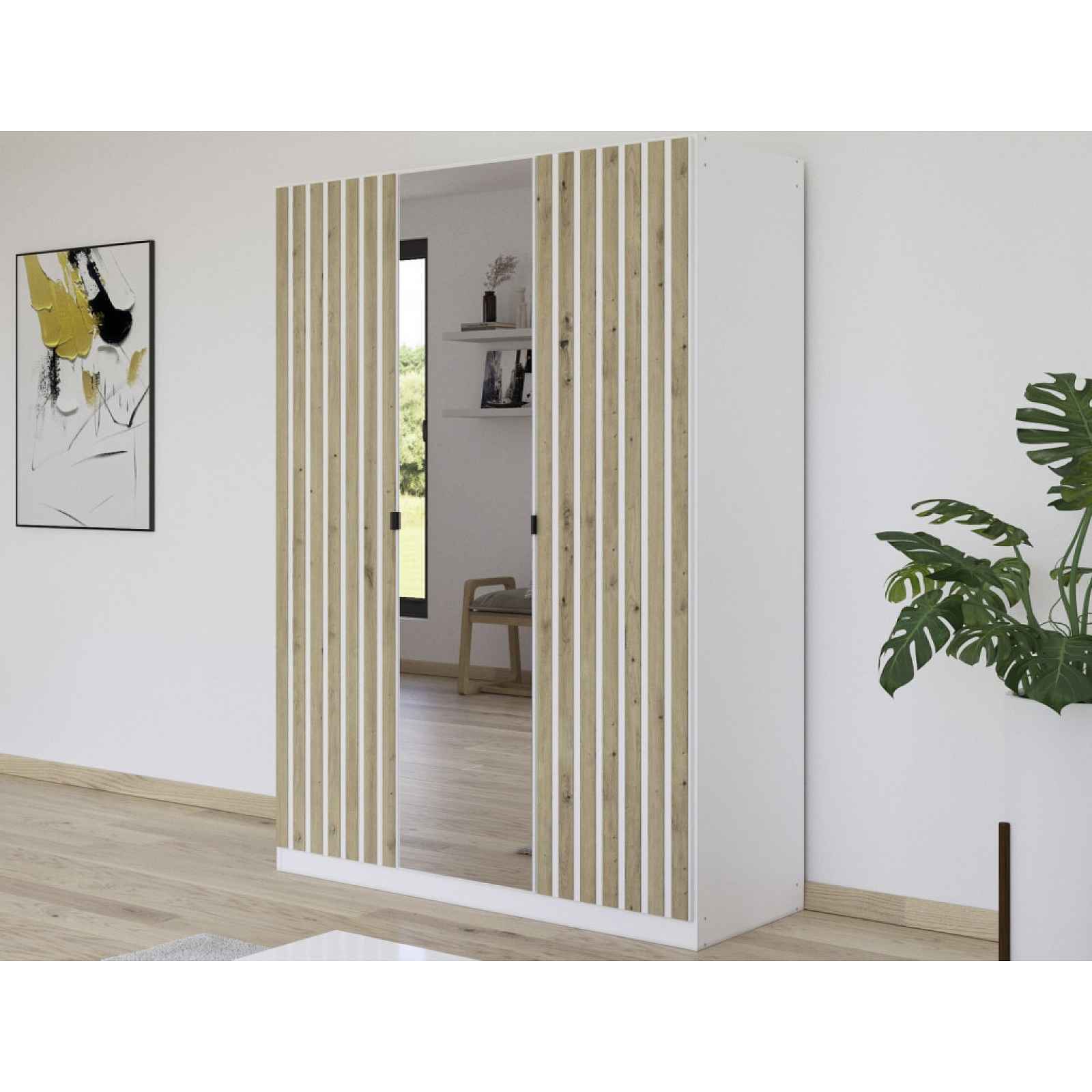 Šatní skříň se zrcadlem Genua, 136 cm, bílá/dub artisan
