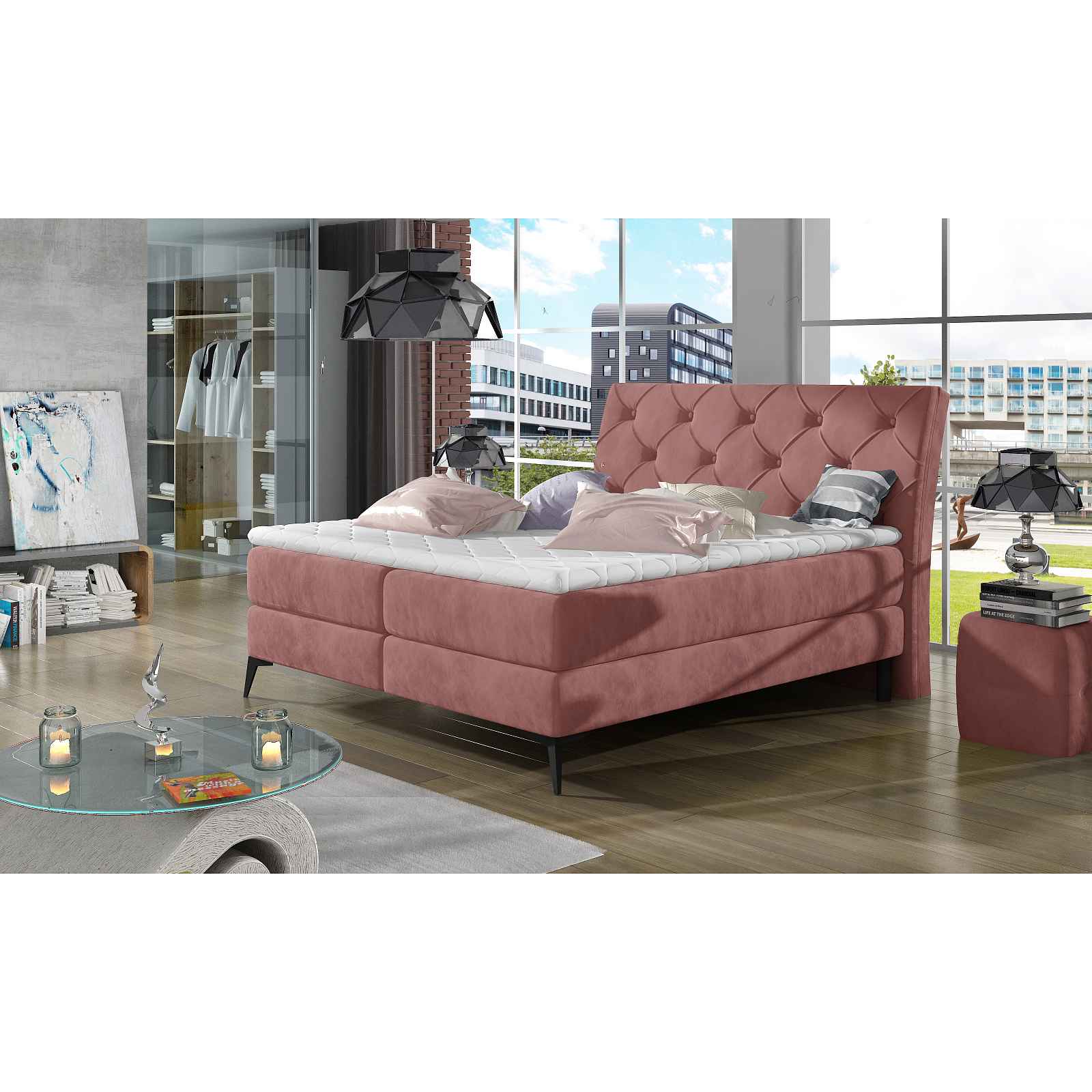 Stylová box spring postel Lenny 180x200, růžová HELCEL