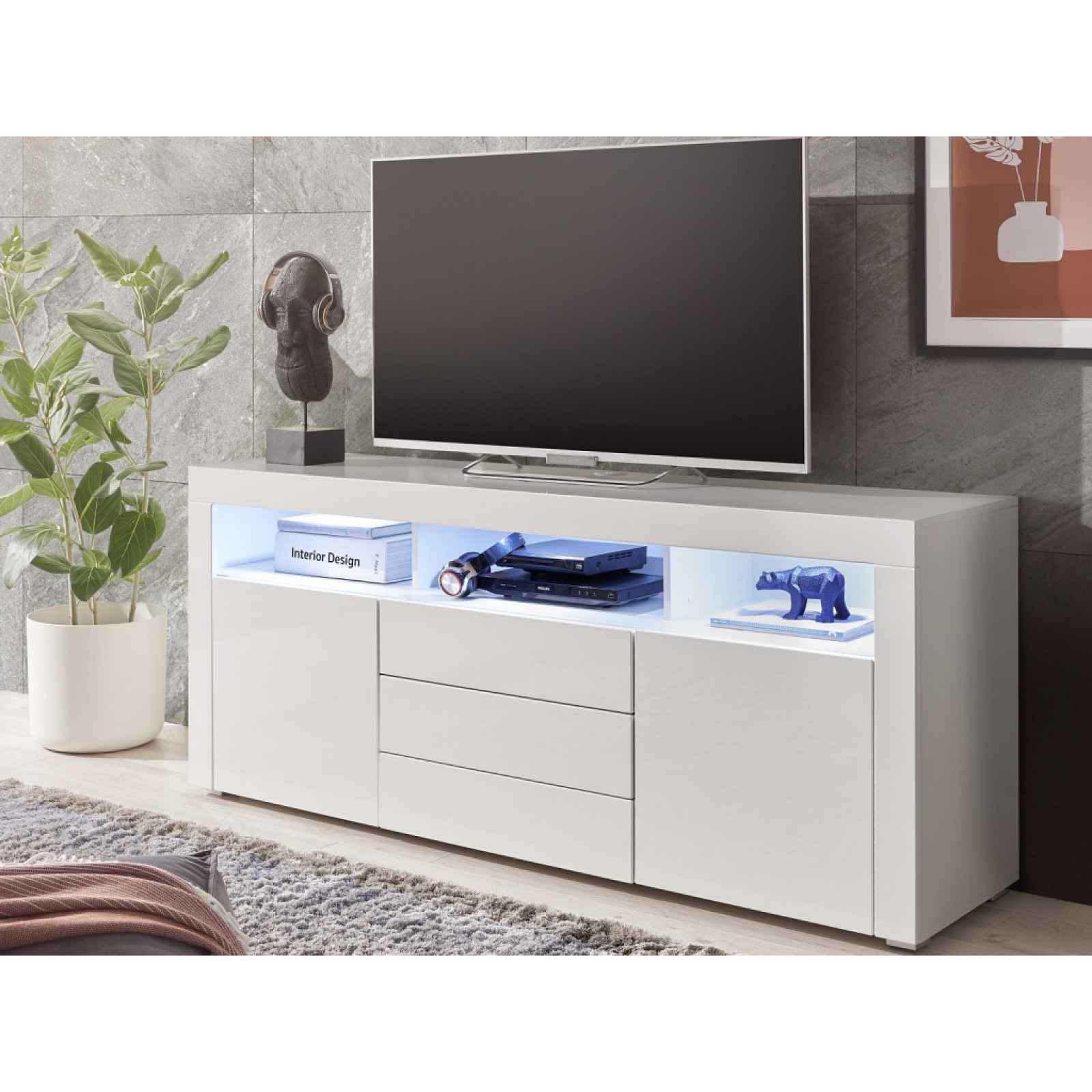 Široká TV skříňka Leeds, bílá lesk, s osvětlením