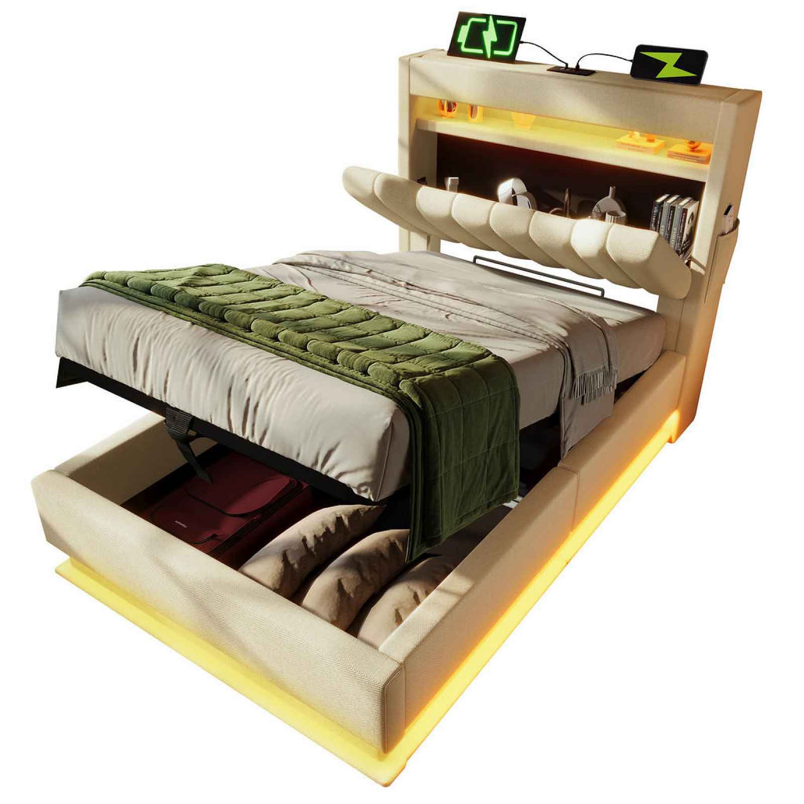 STILVORA ČALOUNĚNÁ POSTEL 90 × 200 cm, béžová, lněná, úložný prostor, LED, USB, Type-C, čelo s úložným prostorem