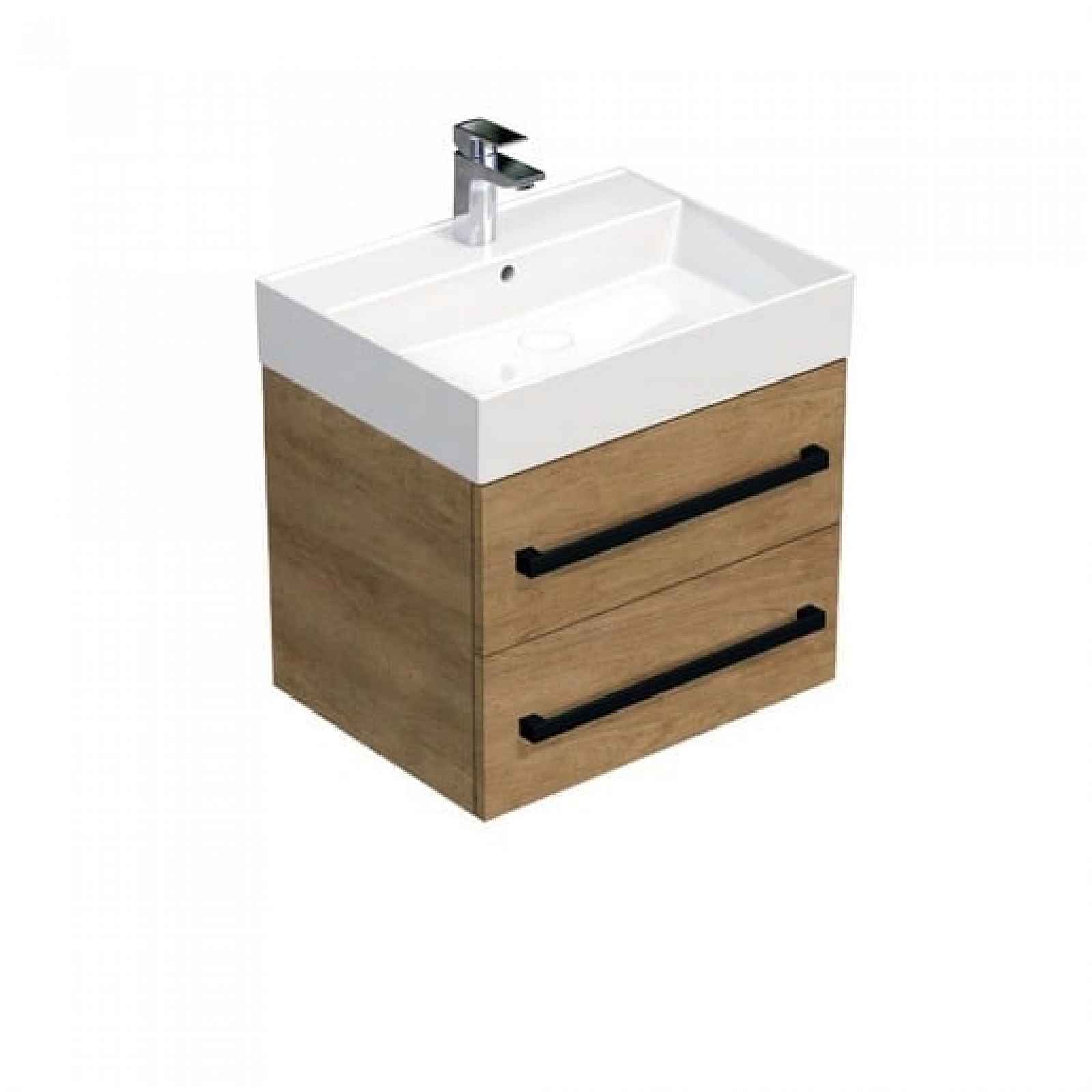 Koupelnová skříňka s černou úchytkou a umyvadlem SAT Cube Way 60x47,5x46 cm dub Hickory mat CUBE46C602DHSAT
