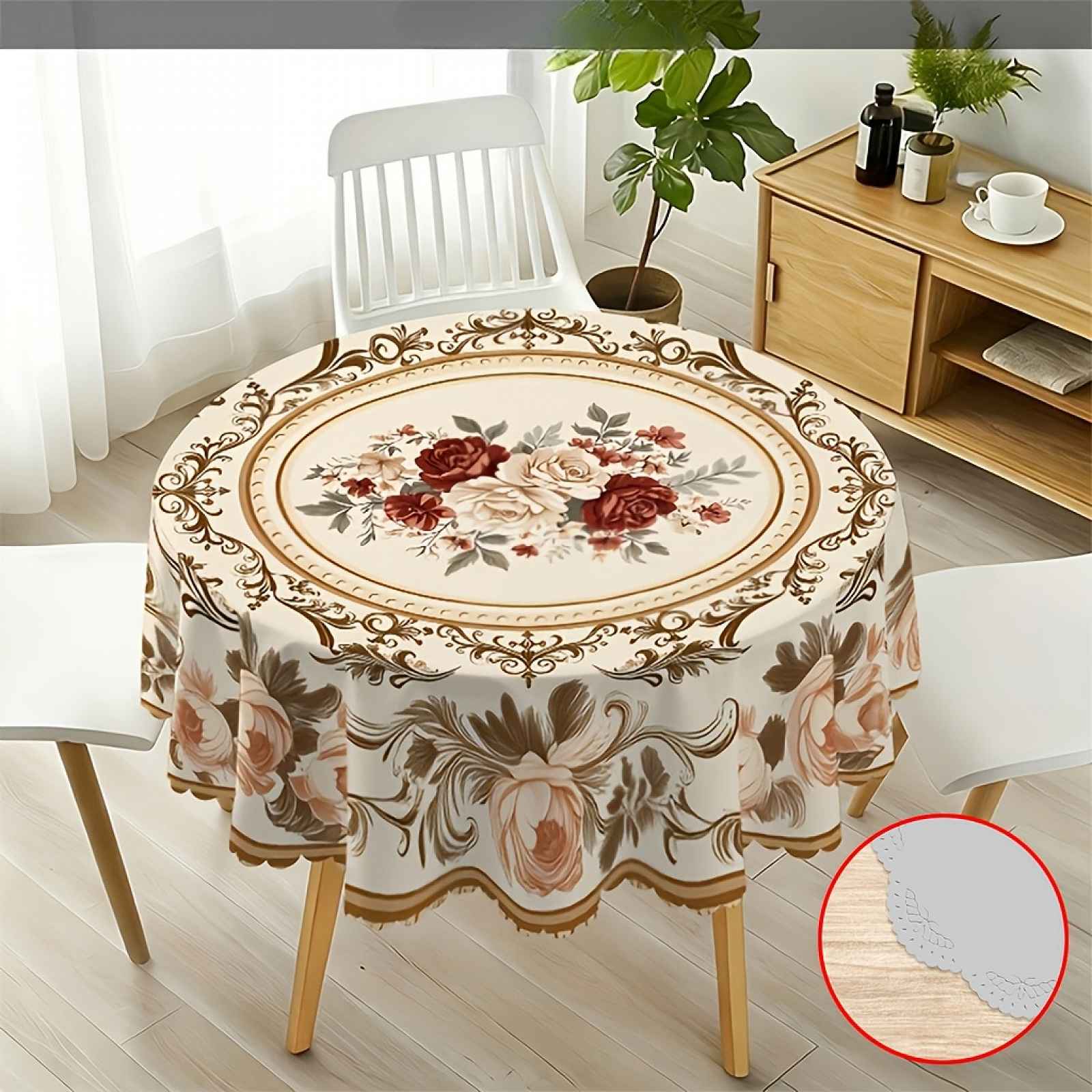 TEMU 1ks Evropský kulatý ubrus s květinovým vzorem, s elegantním růžovým vzorem a vintage dekorativním stylem s vroubkovaným krajkovým lemem. Ideální