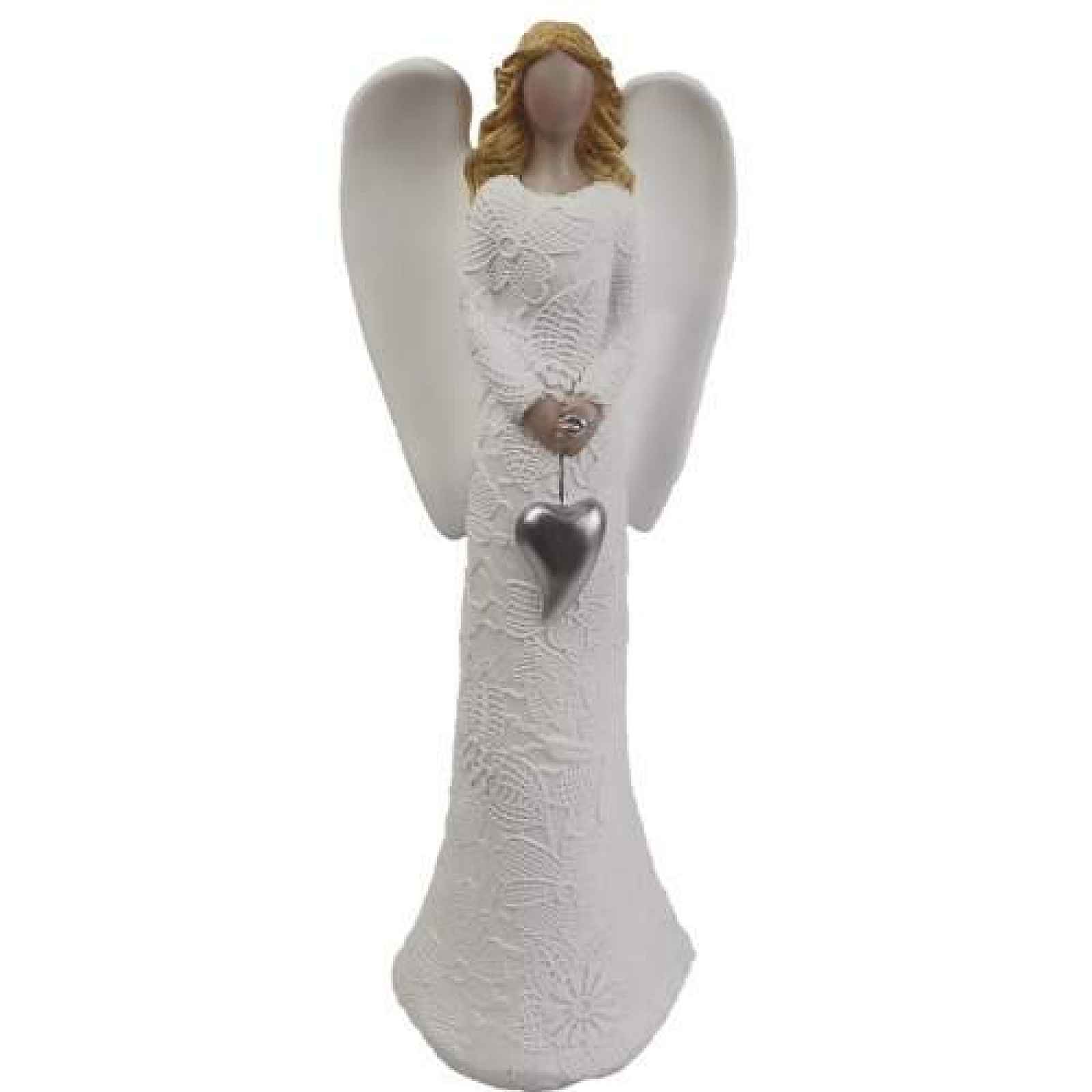 Anděl dívka stojící se srdcem a dekorem květů polyresin bílá 35cm