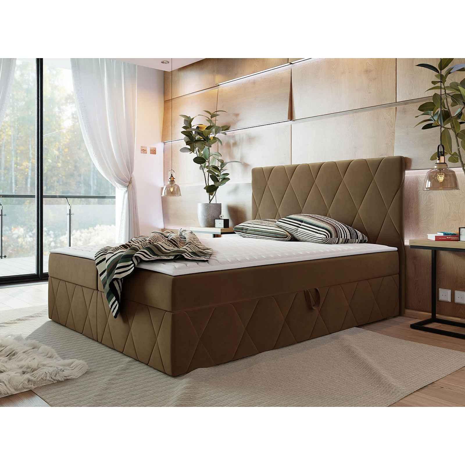 Moderní boxspring postel Silena 180x200cm, hnědo zelená Magic Velvet HELCEL