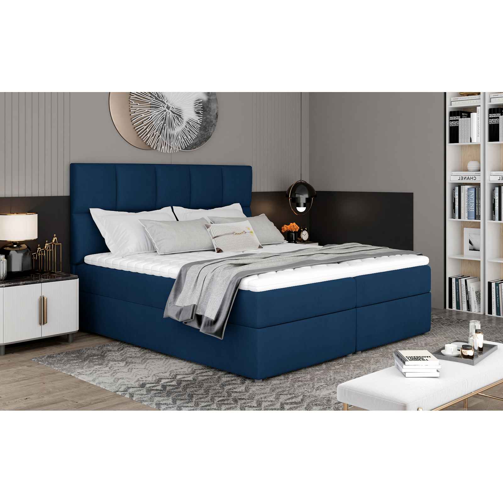 Prodloužená box spring postel Grass 210x185cm, modrá Žinilka HELCEL