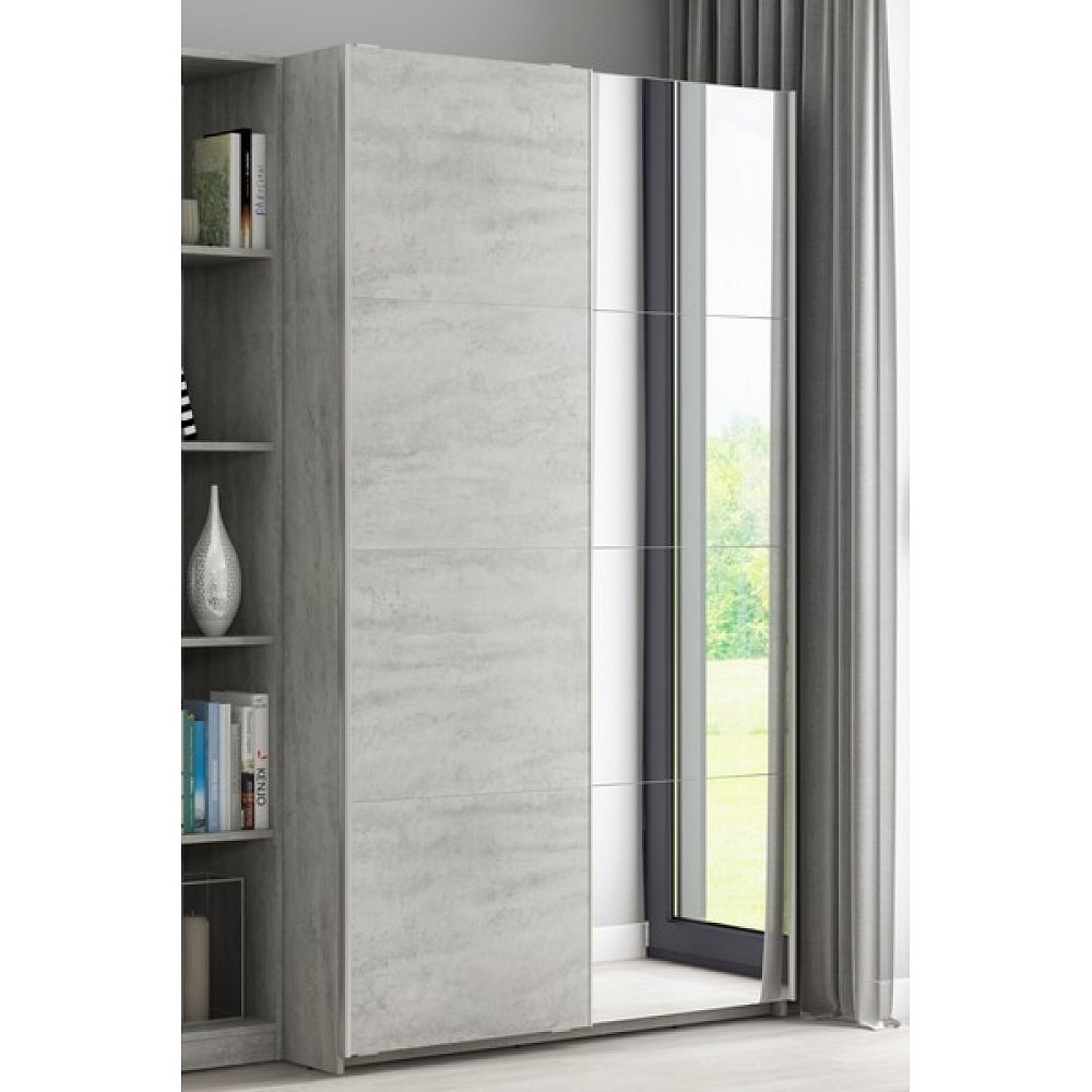 Šatní skříň Carlos, šedý beton, 125 cm, posuvné dveře