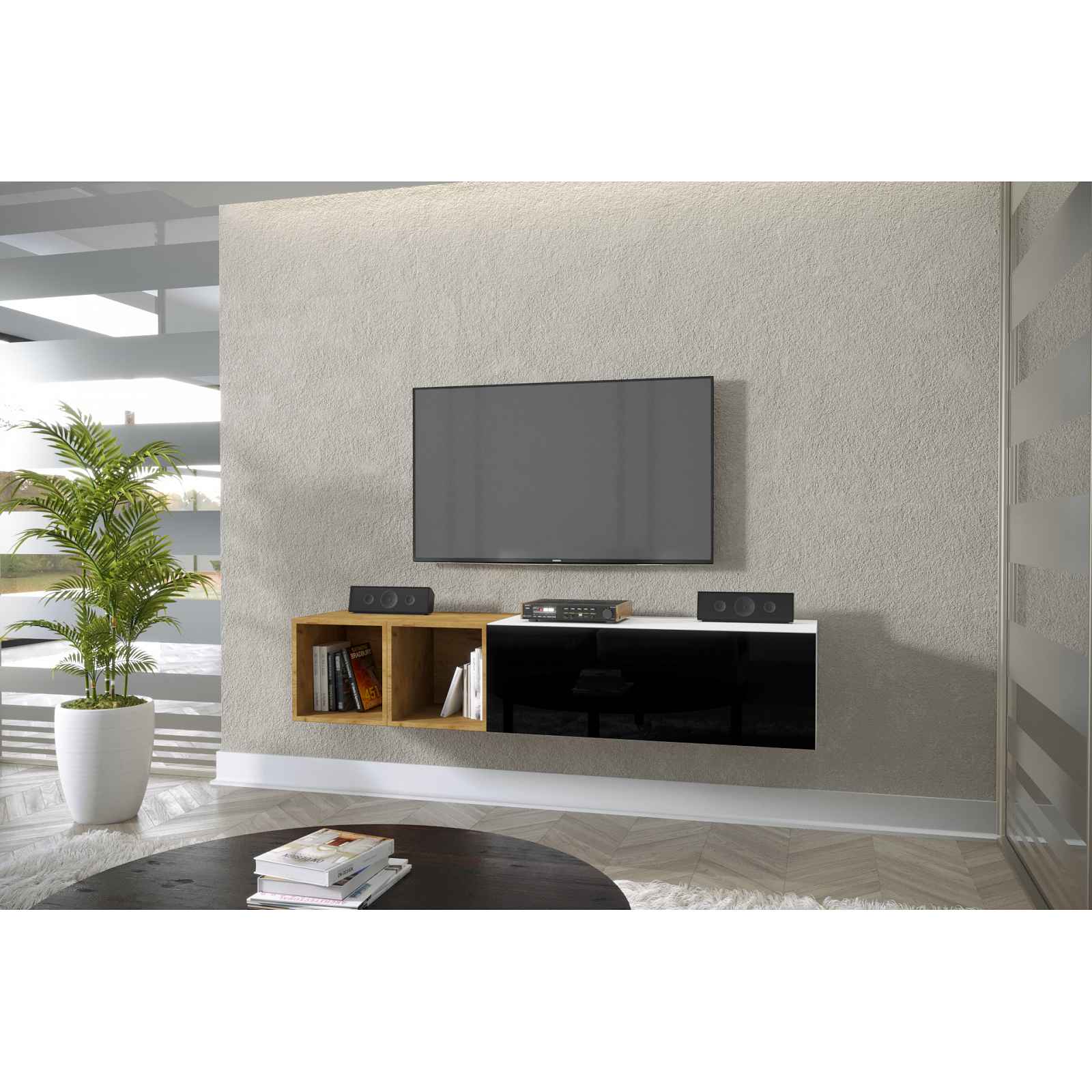 TV stolek Premio R 168cm, bílá/černý lesk