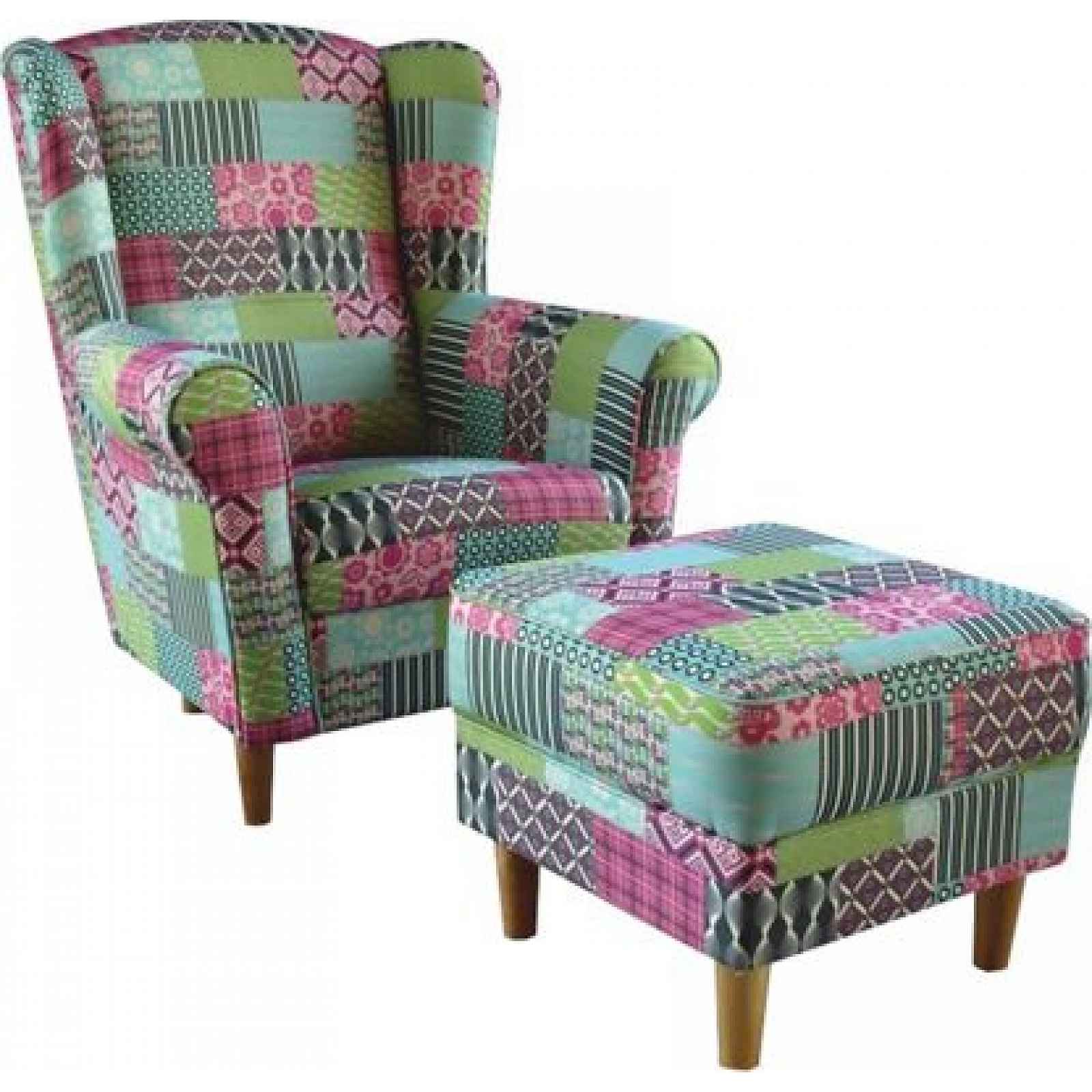 Křeslo s taburetem Porterie, látka patchwork M1
