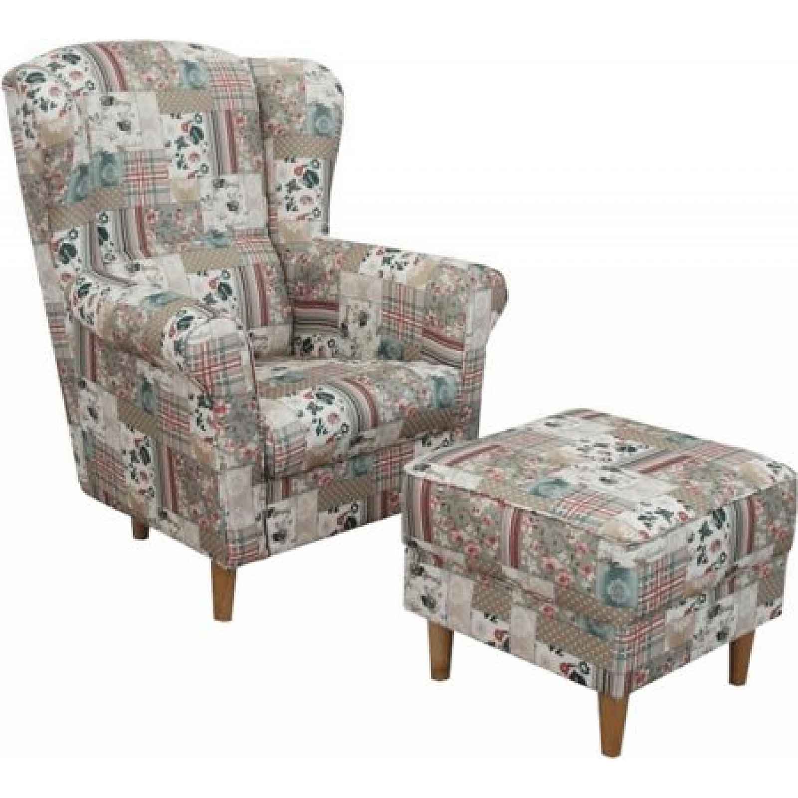 Křeslo s taburetem Porterie, látka patchwork Viorica 1