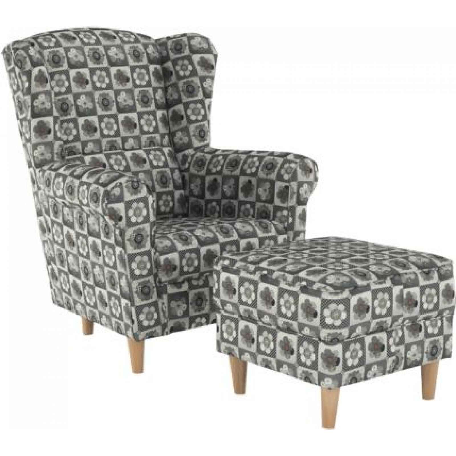 Křeslo s taburetem Porterie, látka patchwork N1