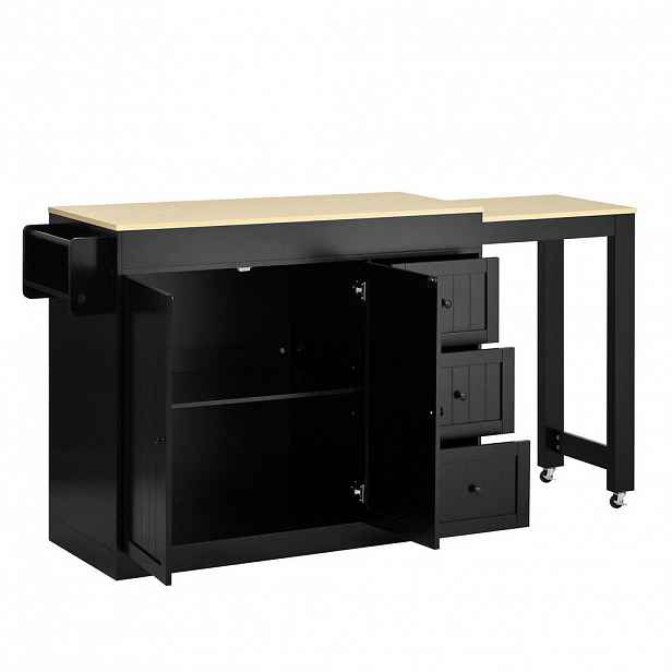 Modfu KUCHYŇSKÝ ostrůvek z MDF 112–186,8x45x93 cm černý na kolečkách s výsuvnou deskou, 3 zásuvkami a policí na koření