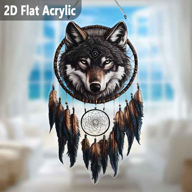 TEMU 2D plochý - [2D dveřní závěs] 2D plochý - [2D dveřní závěs] 2Dflat Bohemian Gray Wolf lapač slunce - Akrylová závěsná ozdoba na okno, vhodná na