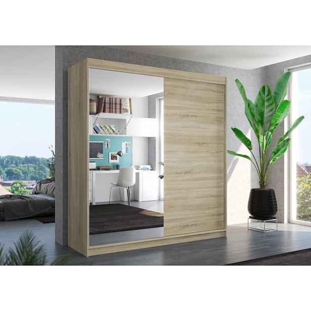 Šatní skříň se zrcadlem 200 cm HANIA - dub sonoma / bílá