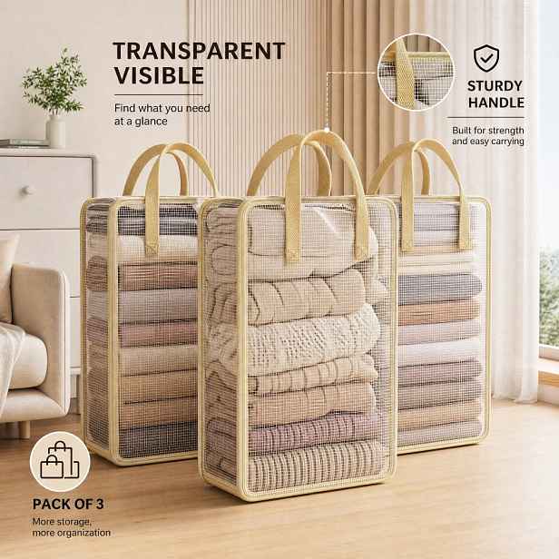 TEMU 3-balení průhledných síťovaných úložných boxů s robustními držadly, skládací prodyšný viditelný organizér na oblečení do skříně, na ručníky,