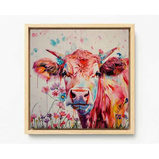 Obraz Rám Americký Box Portrét Kráva Růžová Barvy Květiny Boho 60x60