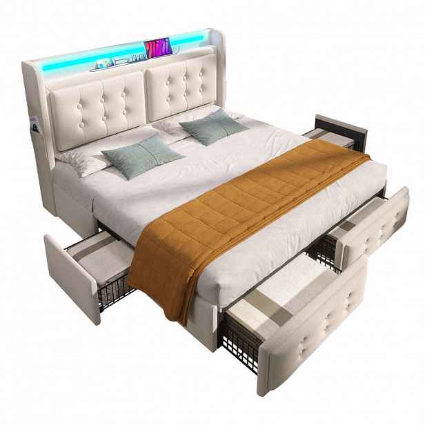 OKWISH ČALOUNĚNÁ postel 180/200 cm béžová z bavlněného lnu s LED, USB-C a 4 zásuvkami