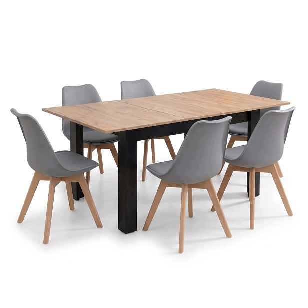 Rozkládací jídelní stůl Craft 120x80 cm 6 skandinávských židlí s šedým polstrováním