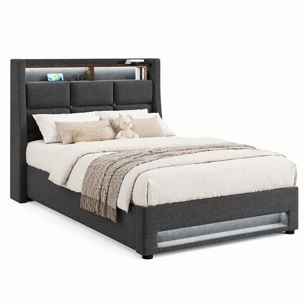 CHICFURN ČALOUNĚNÁ POSTEL 90/200 cm v šedé barvě s úložným prostorem, LED a USB
