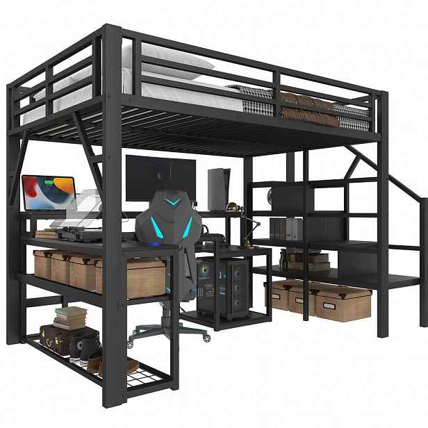 OKWISH VYSOKÁ postel 255/145,5/170 cm černá s psacím stolem LED osvětlením a USB z kovu a MDF