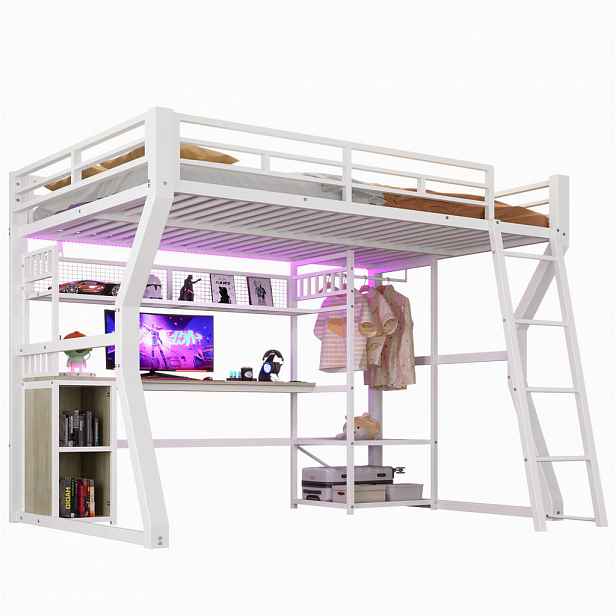OKWISH PATROVÁ postel 180/200 cm bílá z kovu a MDF s psacím stolem