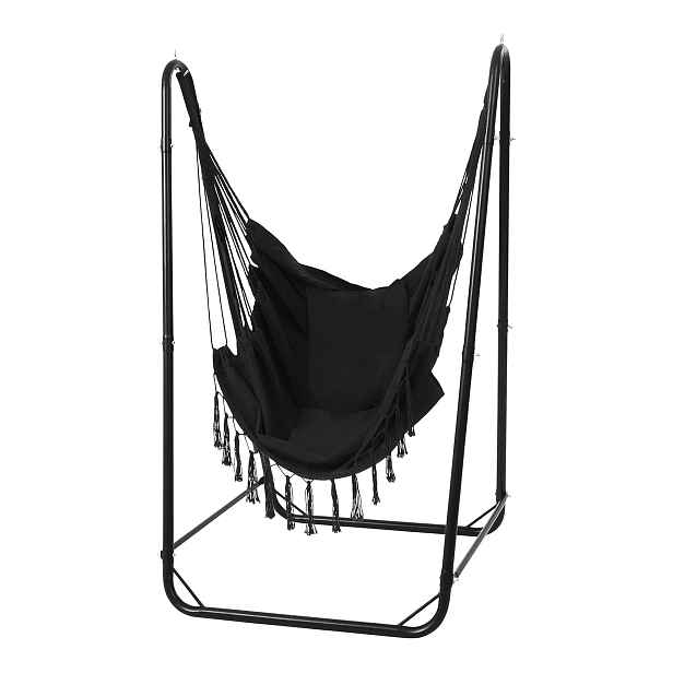 Zahradní závěsné křeslo ocelový stojan, černý polštáře, balkon 100 kg