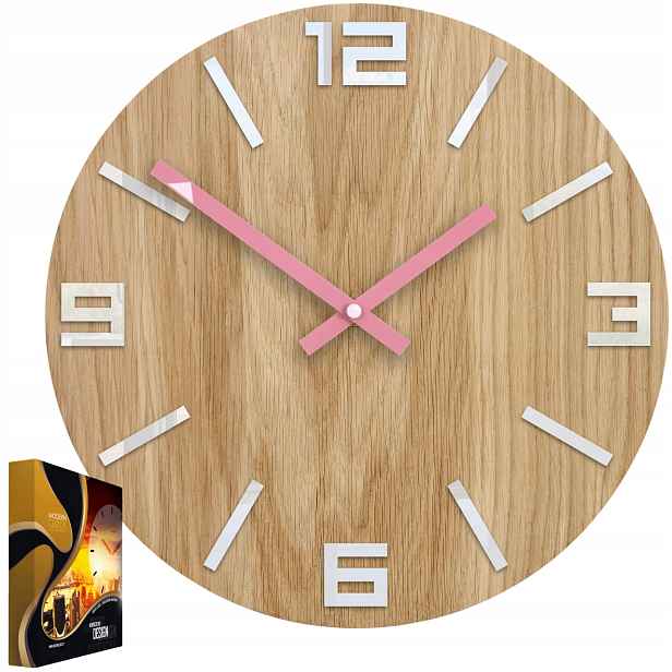 Nástěnné hodiny Dubový Dřevěný Quartz Arabic Wood White&Pink