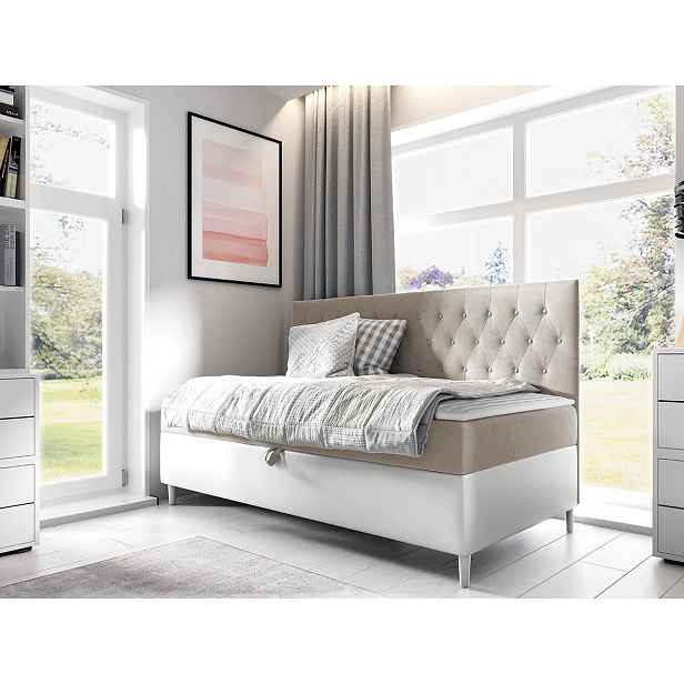 Boxspringová jednolůžková postel 100x200 PORFIRO 2 - bílá ekokůže / béžová + topper ZDARMA
