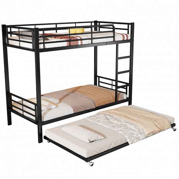 OKWISH PATROVÁ postel 90/200 cm a 90/190 cm černá kovová s výsuvnou přistýlkou