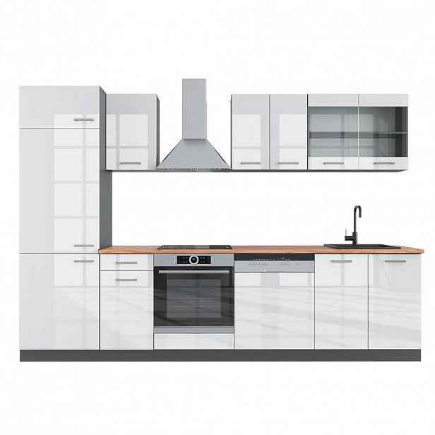 Vicco KUCHYŇSKÝ KOUT R-Line Bílý vysoký lesk/antracit 300 cm , PD Dub