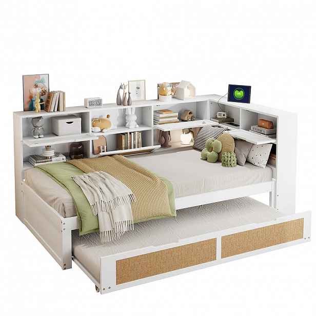 CHICFURN ROZKLÁDACÍ POHOVKA 90/200 cm & 90/190 cm v bílé barvě s výsuvným lůžkem, USB a úložným prostorem