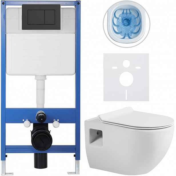 Kompletní WC set Profi/Dure - bílá lesklá - WC tlačítko Classic/Černá matná - předstěnová instalace - 51x35 cm