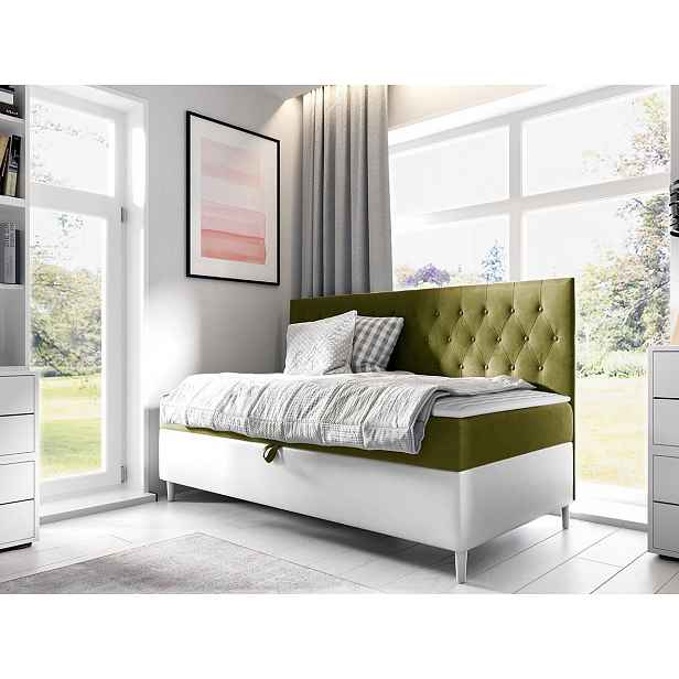 Boxspringová jednolůžková postel 100x200 PORFIRO 2 - bílá ekokůže / khaki + topper ZDARMA