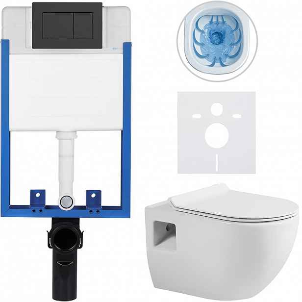 Kompletní WC set Profi/Dure - bílá lesklá - WC tlačítko Classic/Černá matná - pro zazdění - 51x35 cm
