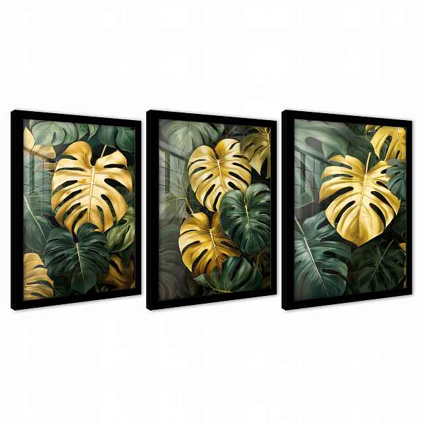 Obrazy Na Zeď V Rámu Plakáty Triptych Listy Monstera Zlaté 43x99